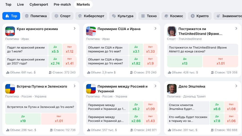 1WIN Markets — ставки на прогнози з Путіним, Зеленським, NBA та інші